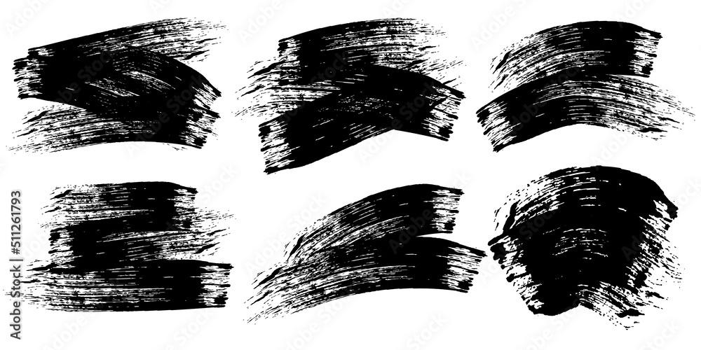 Brush strokes ink paint, set of  grunge design elements.  Vector illustration