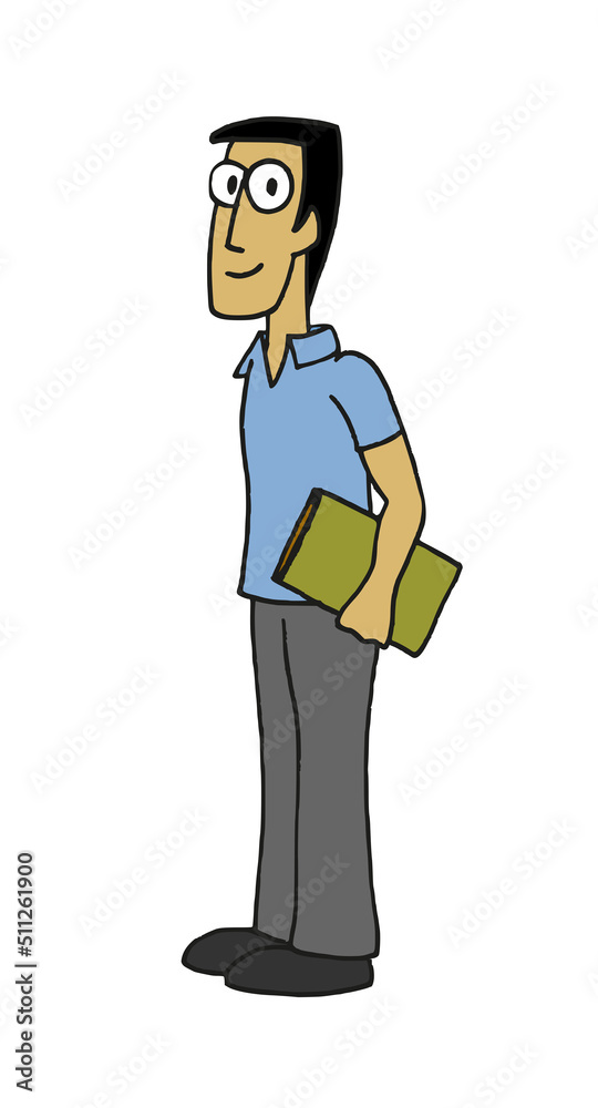 Cute standing man character wearing workwear uniform and holding a folder. Cartoon style vector illustration isolated on white background. Cute standing man character wearing workwear uniform and holding a folder. Cartoon style vector illustration isolated on white background.