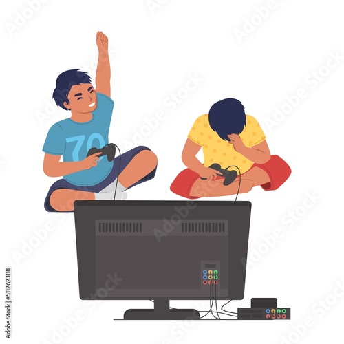 Two boys video game player vector illustration