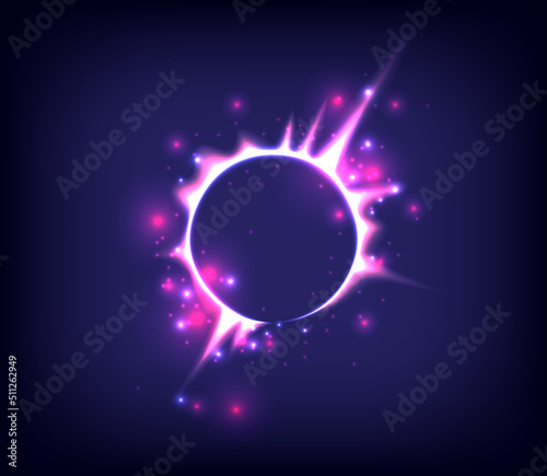 Fireworks model. Glowing circle. Sunshine, light , ray and sparking ring. Colorful tunnel. Bright border. Blue flame magic portal. Luminous electron and glint swirling. Solar eclipse. Pink neon light photo