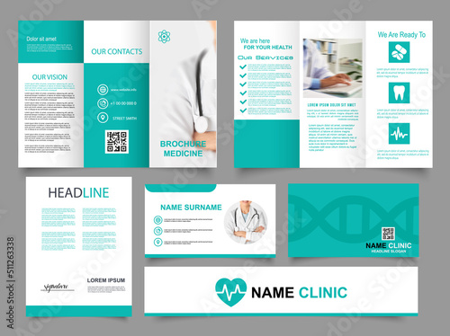 Tri fold medical brochure. Collection of folded brochures, annual report, business card. For printing, A4 magazine cover