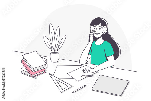 Smiling Girl School Pupil Doing Homework Sitting at Desk Studying with Headphones Vector Illustration