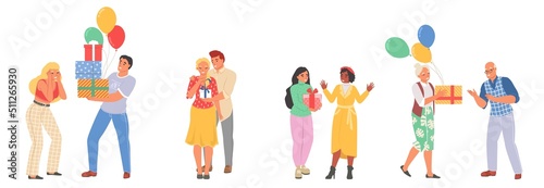 Adult people presenting gifts on holiday scene set