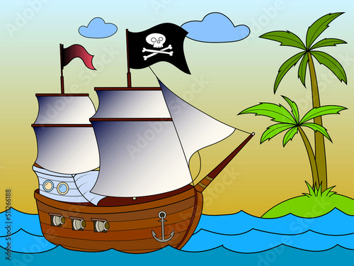 Pirate ship at sea, desert island. Image in zen-tangle style. Printable page for drawing and meditation.