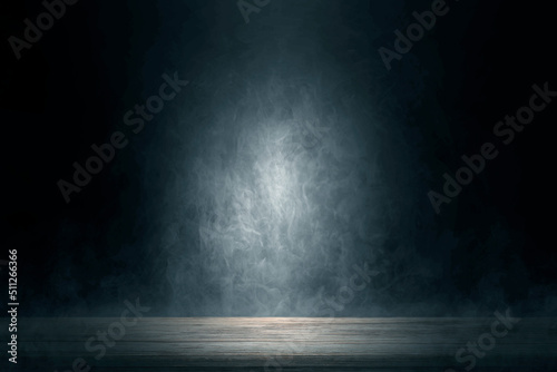 Empty wooden table with smoke floating up on the dark background, perspective wooden floor shelf table, used as a studio background wall to display your products. Platform illuminated by spotlights