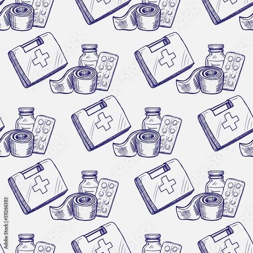 first aid kit vector seamless pattern on white background