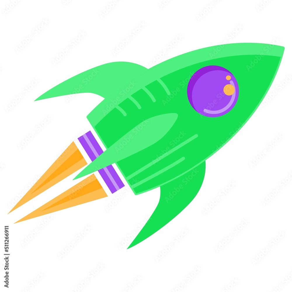 Cartoon vector color flying rocket icon. Startup concept. Simple green pictogram of the spaceship isolated on transparent background