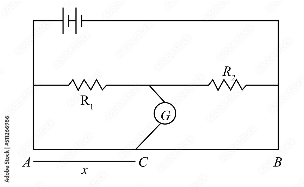 In the shown arrangement of the experiment of the meter bridge if AC corresponding to null deflection of galvanometer is x, what would be its value if the radius of the wire AB is doubled