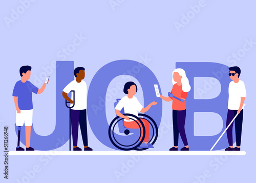 Search job for people with disability and inclusion vacancy, employment, go to career. Disabled on wheelchair and with other health restrictions. Handicap seek opportunity, want to work. Vector