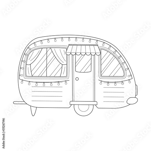 Camper, travel mobile home or retro caravan trailer. Car for travel, caravanning, camping, hiking and motorhomes. Flat vector illustration isolated on white background.