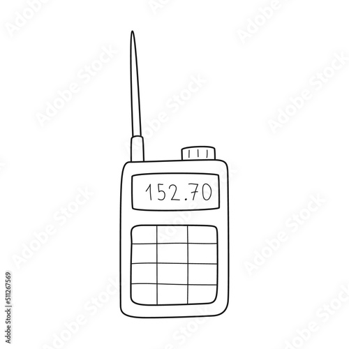 Doodle walkie-talkie, a device for remote communication. Radio station. Equipment for hiking, tourism, travel, vacation, car rally. Outline black and white vector illustration isolated on white.