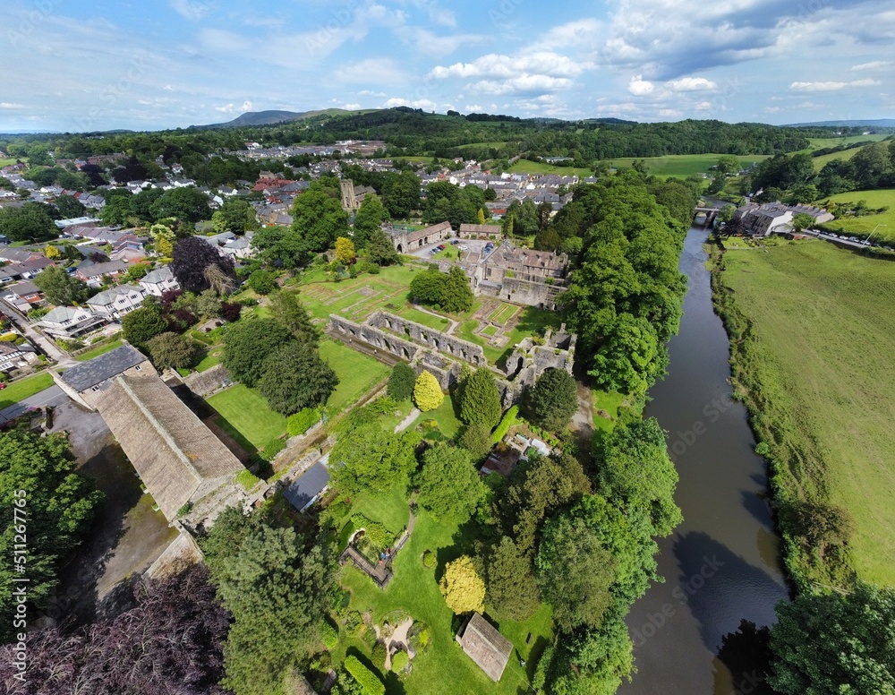 Drone image looking down onto Whalley Abbey in Lancashire England. 