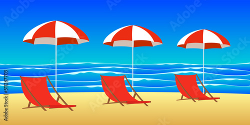 Empty seashore with sun loungers and parasols. Vector illustration.