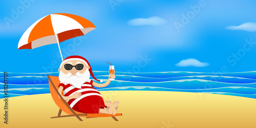Santa resting under parasol and drinking juice. Vector illustration.