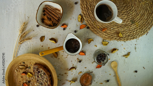 fresh morning black turkish arabic coffee cezva homemade fresh healthy bread with seeds rustic farmhouse style vintage photo