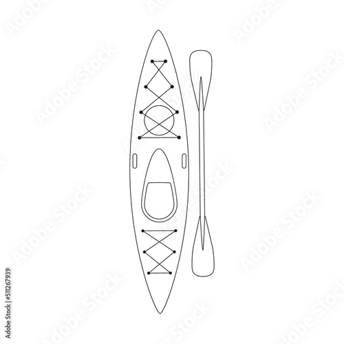 Doodle plastic kayak with a paddle. Rowing boat for fishing, tourism, travel, active water sports. Top view. Outline black and white vector illustration isolated on a white background.