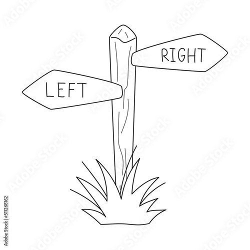 Doodle wooden forest signboard, signposts, guideposts with a pointer - left and right. Shows the direction. The path pointer. Outline black and white vector illustration isolated on a white background