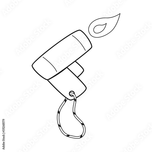 Doodle Piezo lighter. Camping igniter with a button. A fire starter. Equipment for tourism, travel, hiking, sports. Outline black and white vector illustration isolated on a white background.
