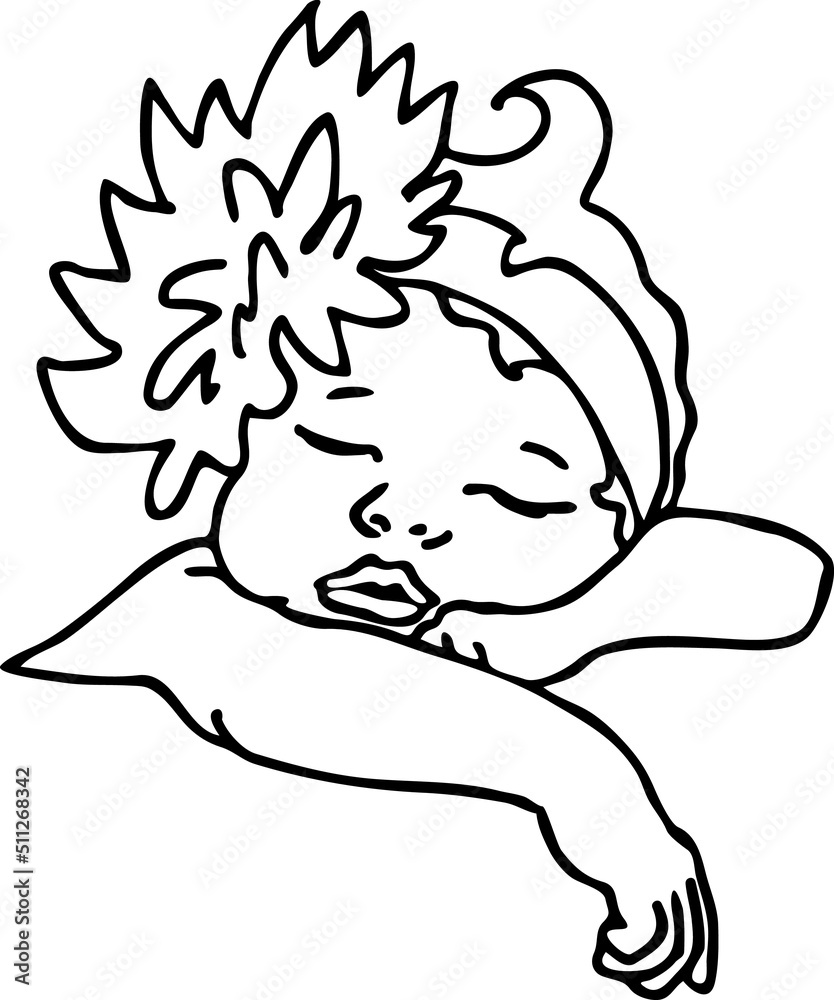 Obraz premium New born sweet baby face emotions. Little girl with big flower on the head sleeping and smiling. Hand drawn character vector illustration. Retro vintage comic cartoon line style drawing.