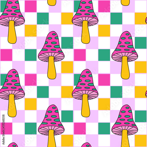 Groovy Checkerboard Grid seamless pattern with colorful trippy psychedelic spotted amanita mushroom. Y2K 90s seamless pattern vector background. Retro hippie bright repeat texture design