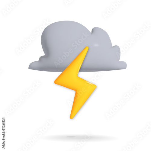 Vector 3d render cute dark rainy cloud with yellow thunder design. Weather and forecast concept art.