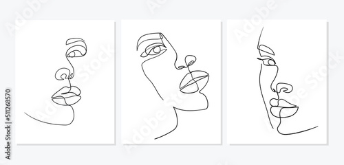 Set of portraits. Continuous line, minimalist vector illustration of beautiful woman face. For t-shirt, slogan design print graphics style.