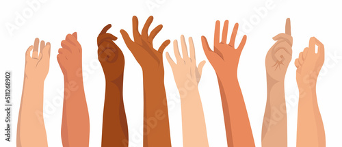 Hands of different skin color raised up