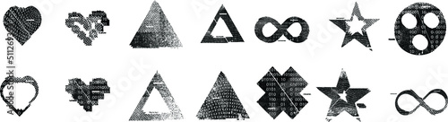 Glitch distorted geometric shape . Noise destroyed logo . Trendy defect error shapes . Glitched frame .Grunge textured . Distressed effect .Vector shapes with a halftone dots screen print texture.