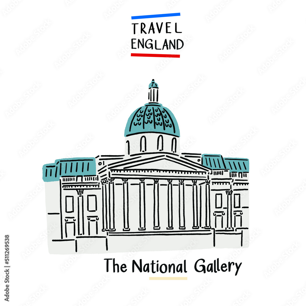 The National Gallery Art museum London Hand drawn color Illustration