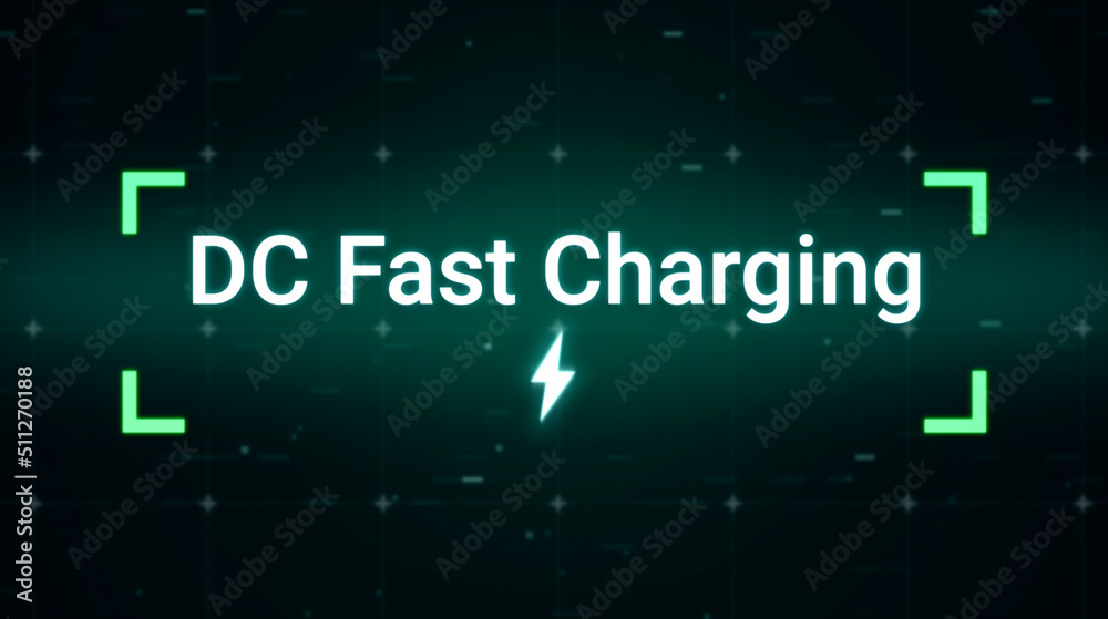 DC fast charger available display banner for electric vehicle charging station, futuristic green energy power car UI display for EV automotive industry technology 3d rendering