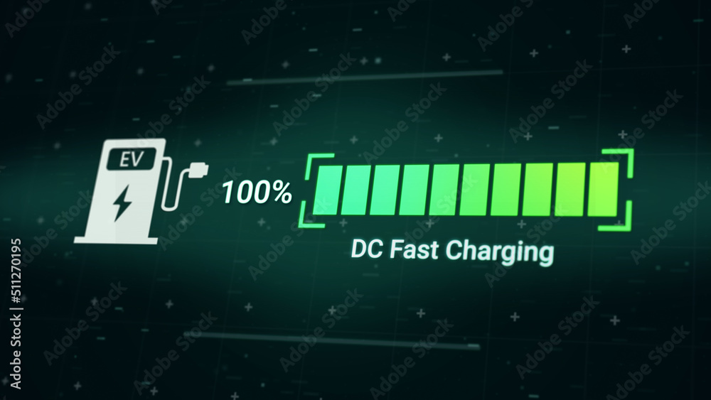 Battery charging status interface of electric vehicle using DC fast charger from charging station, 3d rendering futuristic fuel power level indicator UI display for EV automotive industry technology
