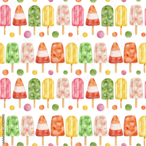 Watercolor popsicle seamless pattern. Hand drawn red, yellow, green ice cream pops in line isolated on white background. Summer fruit frozen dessert. Cute food repeated design for wrapping, textile