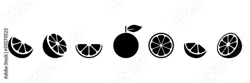 Orange slice shape set. Grapefruit black symbol collection. Mandarin elements. Citrus fruit whole, half and pieces silhouette group. Vector isolated on white background.