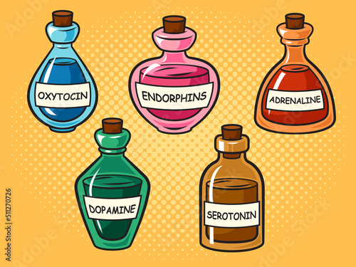 Hormone bottles with dopamine serotonin oxytocin adrenaline and endorphins pop art retro vector illustration. Comic book style imitation.