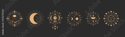 Evil Eye, crescent, moon. Minimalism, geometry, linear style. Trendy Vector illustration. Isolated icons. Boho, esoteric, witchcraft, alchemy, mystic, abstract concept. Logo, avatar, poster templates