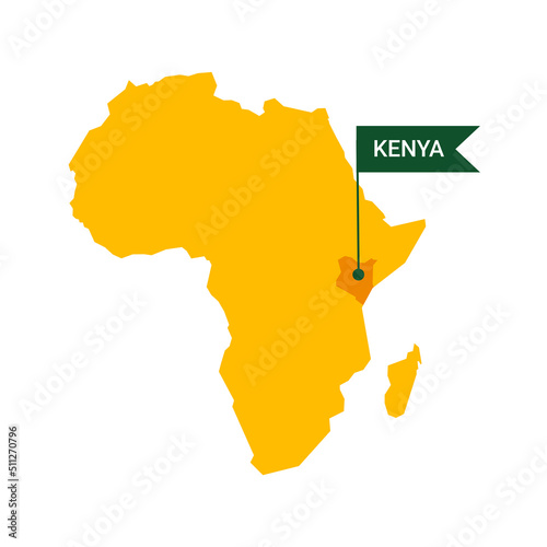 Kenya on an Africa s map with word Kenya on a flag-shaped marker. Vector isolated on white background.