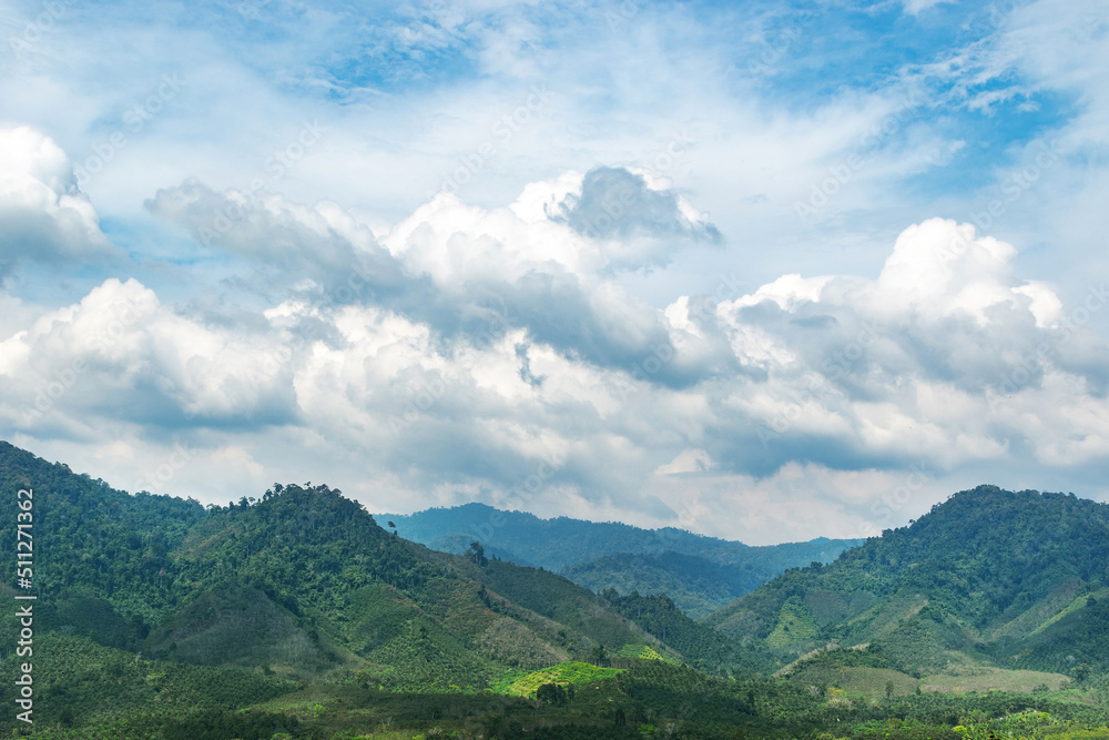 Background of beautiful green mountains and blue sky with clouds