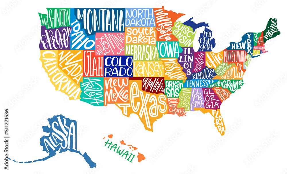 United States of America map with text state names. USA MAP. Flat hand drawn black and white vector illustration. Design USA typography map with states text. American map for poster, banner, t-shirt.