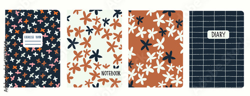 Print op canvas Set of cover page templates based on patterns with anemone, poppy flowers in Boho Ditzy style and gridlines