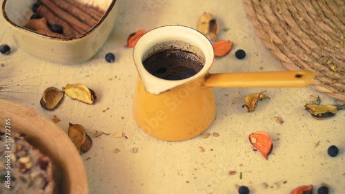 fresh morning black turkish arabic coffee cezva homemade fresh healthy bread with seeds rustic farmhouse style vintage photo