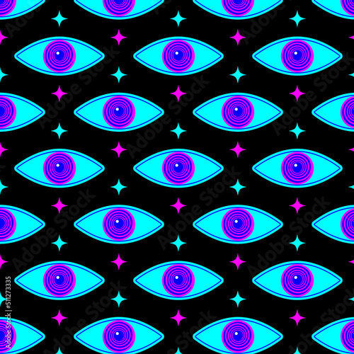 70s psychedelic trippy eye pattern. Acid rave print for graphic tee in y2k style