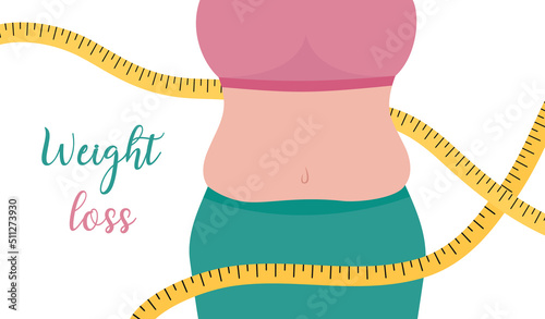 Weight loss banner. Figure of woman with excess weight. Waist and tape measure. Female obese body. Flat vector illustration
