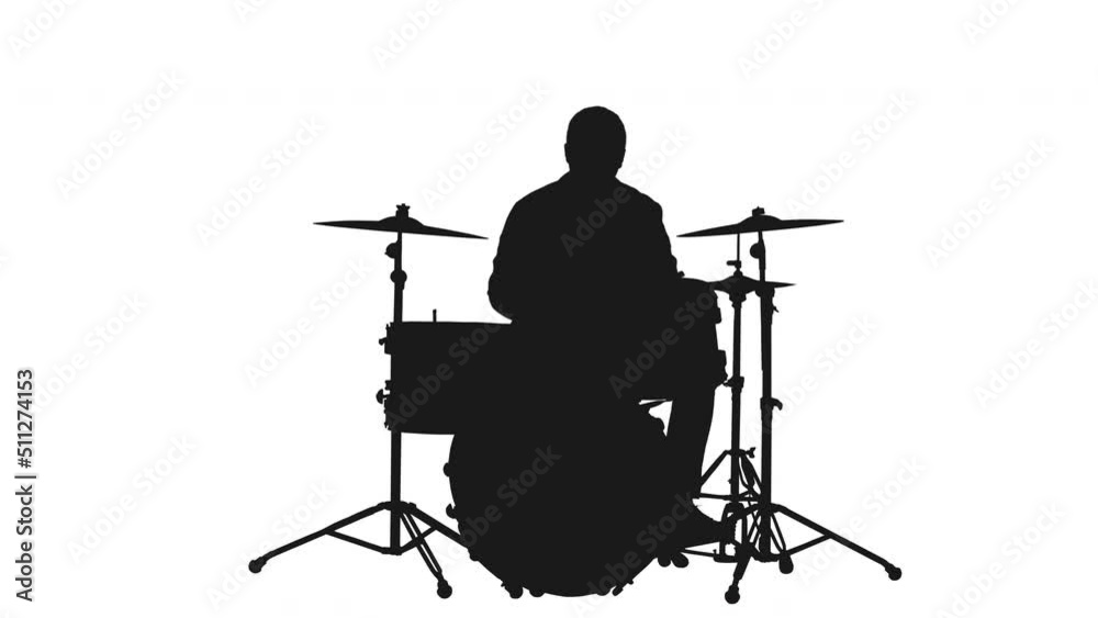 Silhouette of drummer playing drum set, alpha channel included in 4k