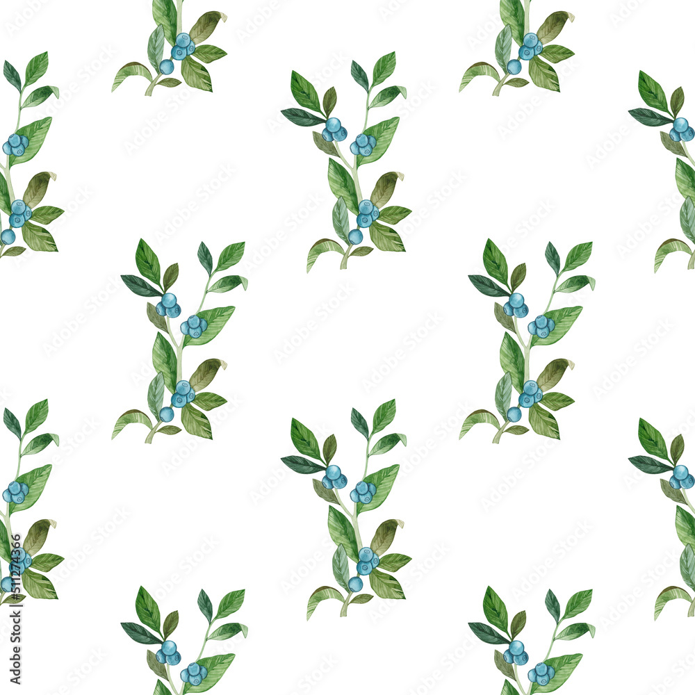 Watercolor blueberry seamless pattern. Background with blue berries and twigs. Wild forest berries. Use for print, textile, wallpaper, scrapbooking.