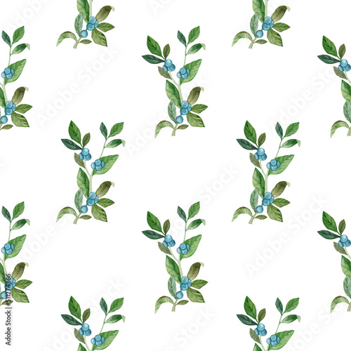 Watercolor blueberry seamless pattern. Background with blue berries and twigs. Wild forest berries. Use for print  textile  wallpaper  scrapbooking.