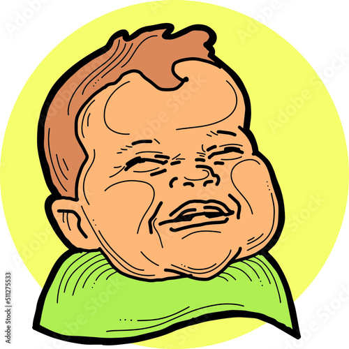 New born sweet baby face emotions. Little happy child surprised with open mouth. Hand drawn character vector illustration. Retro vintage comic cartoon line style drawing.