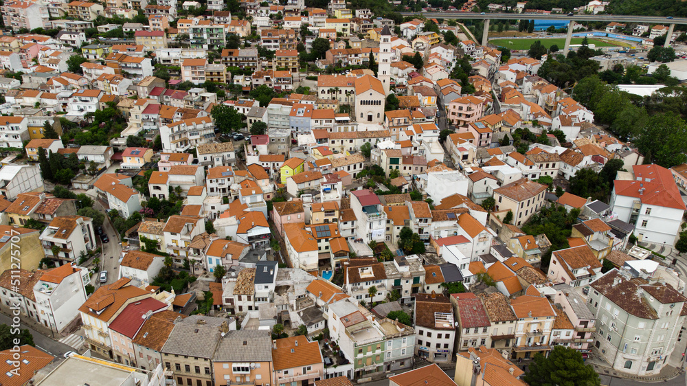 Old city in Croatia drone view. Red building roof. 
Background. Landscape.