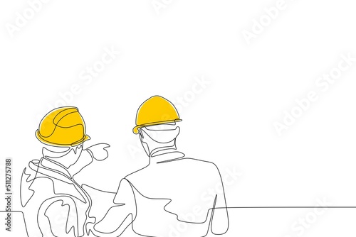 Single continuous line drawing of young construction manager giving instruction to builder coordinator at site meeting. Building architecture business concept. One line draw design vector  photo