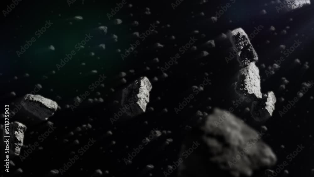 Seamless loop video. Сomet collision. Asteroid belt. Swarm of asteroids with volumetric light ray in deep space. Concept: cosmos, explosion, astronomy, galaxy. 3d space banner 4k HD stock footage