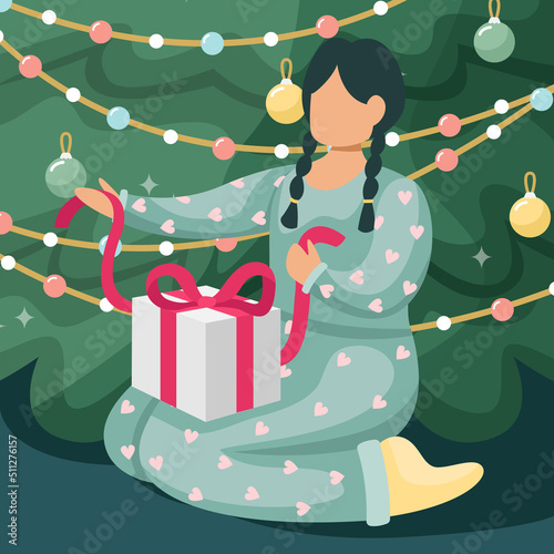 Vector illustration of a girl unpacking a Christmas gift under a Christmas tree.